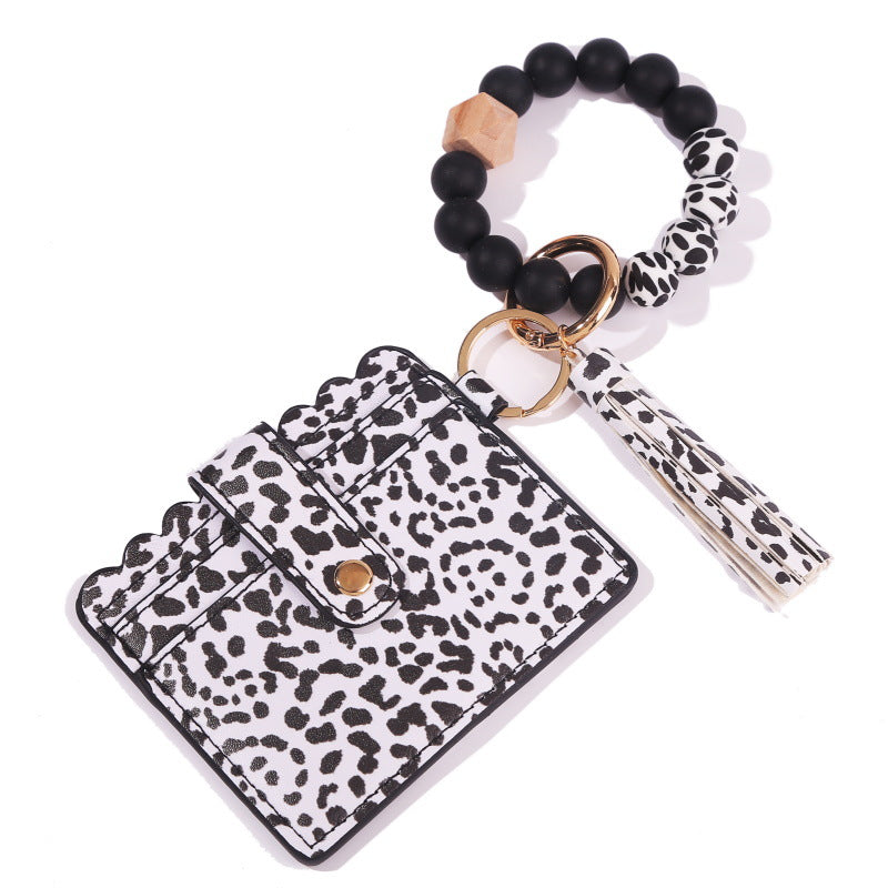 Venta al por mayor MAMA Cow Pattern Card Bag Silicona Beaded Wrist Key Chain